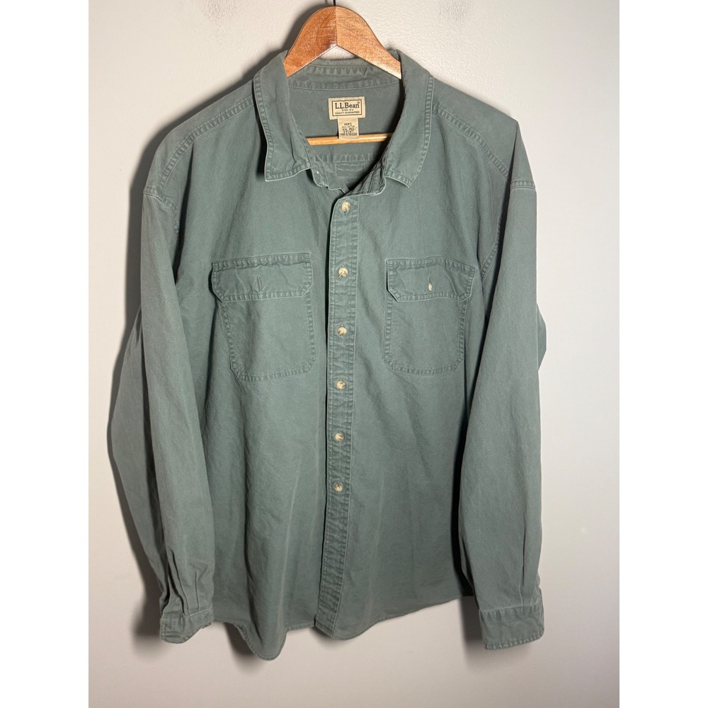 LL Bean Mens XXL Sage Green Cotton Canvas Button Down Work Shirt Long Sleeve